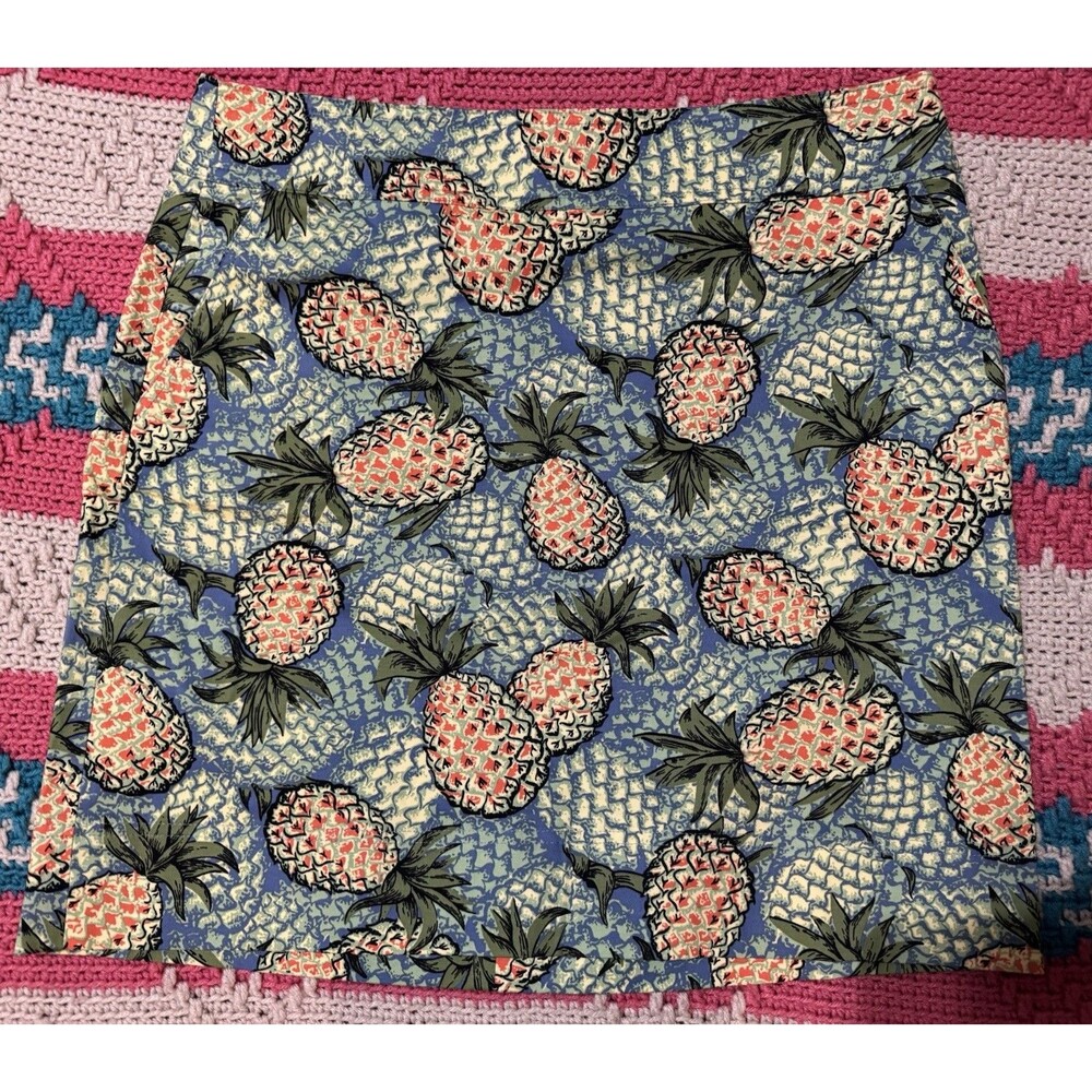 Talbots Pineapple Print Skirt Women's Blue Green Yellow Stretch Cotton Sz 12 P